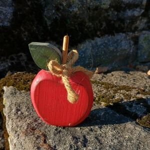 This is a super cute, handmade, kitschy bright red wooden apple with a rope tie